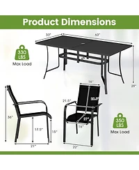 Gymax 7PCS Patio Dining Set for 6 Metal Table w/Umbrella Hole and Stackable Armchairs