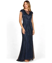 Lara Women's Beaded Fringe V-Neckline Dress with Cap Sleeves
