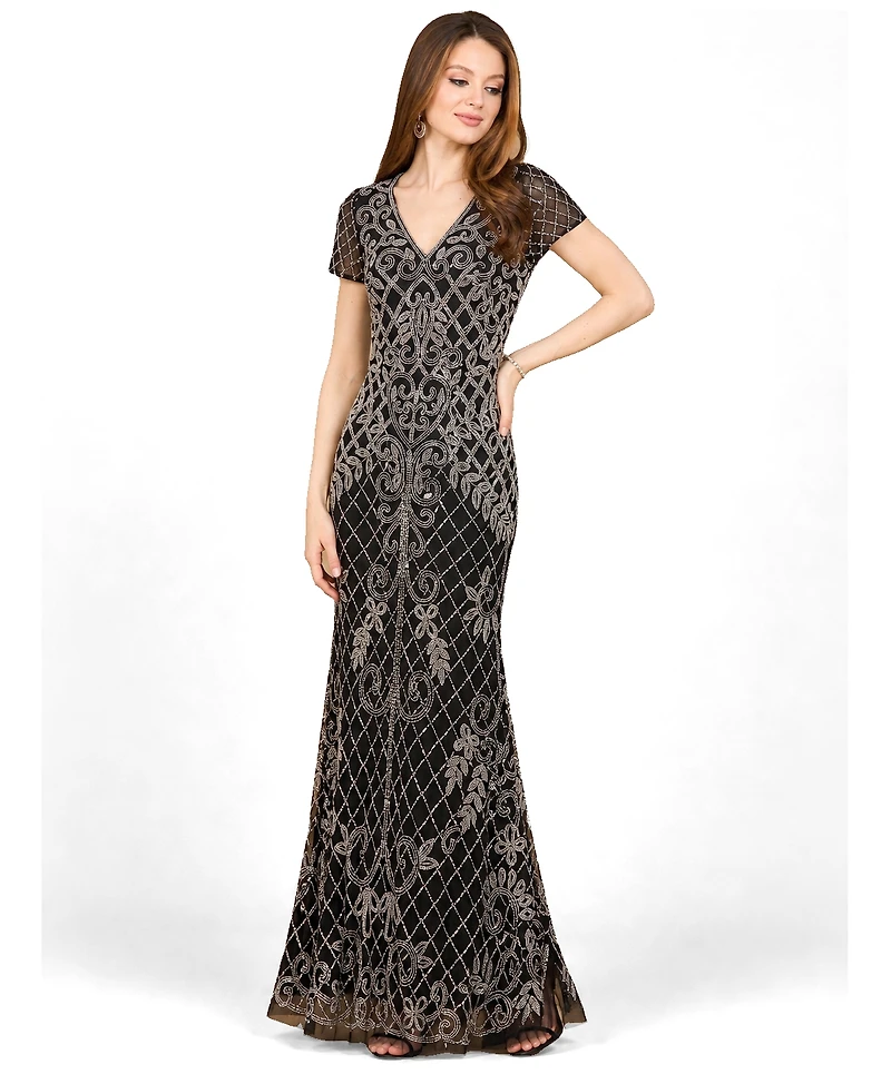 Lara Women's Cap Sleeve Mermaid Beaded Gown