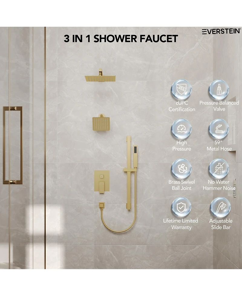 Everstrein 10" High-Pressure Rainfall Shower Faucet with Handheld Spray and Slide Bar Wall Mount Dual Head System
