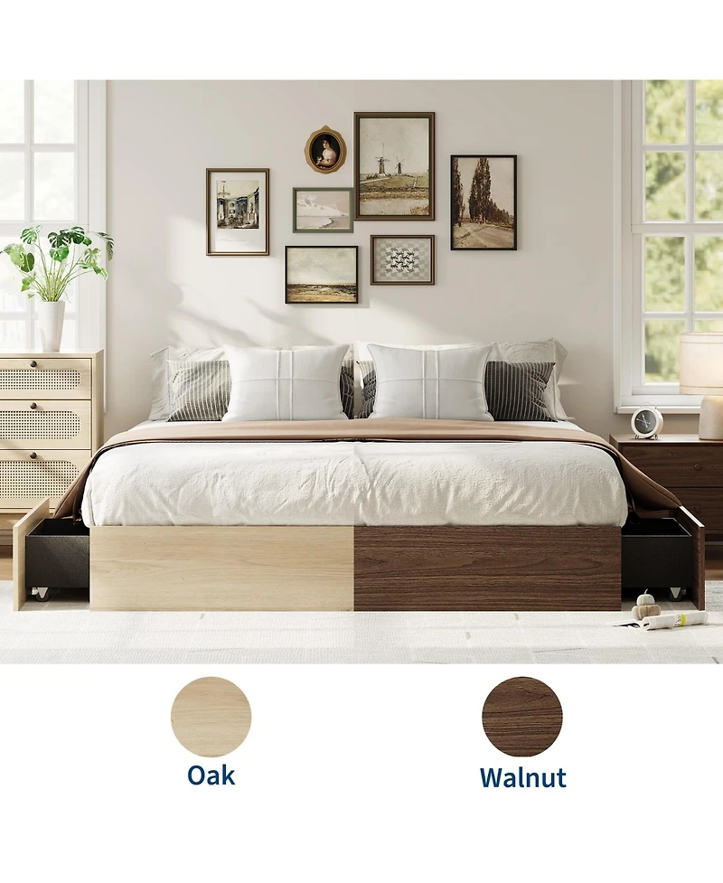 homfan Wood Platform Bed Frame with 2 Storage Drawers, No Headboard, Wood Slat Support, No Box Spring Needed