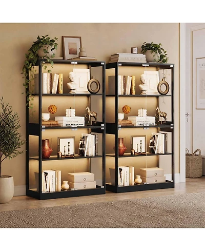 homfan Set of 2 Glass Display Cabinet 4-Tier - Curio Cabinet with Glass Doors and 3-Color Led Lights, Human Sensor, Usb Charging Ports