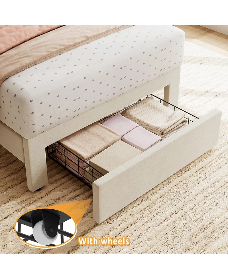 homfan Set of 2 Twin Bed Frame with Under-Bed Drawer, Velvet Upholstered Platform Bed with Wave Headboard for Boys/Girls, Wooden Slats Support