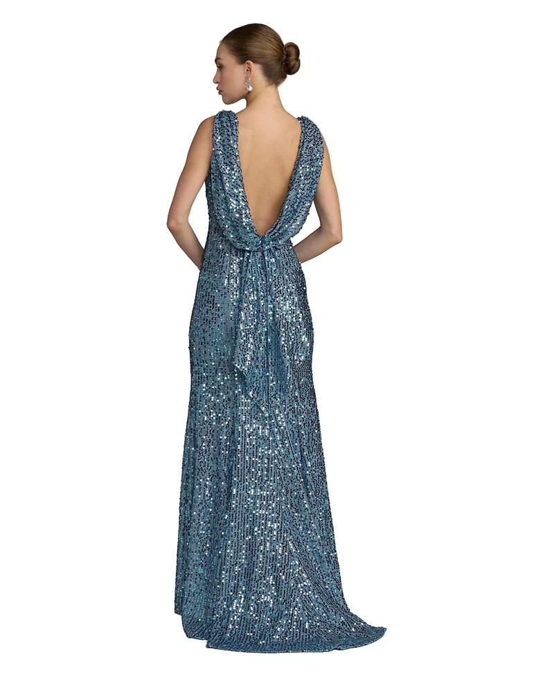 Mac Duggal Petite Sleeveless Sequin Cowl Back Evening Gown