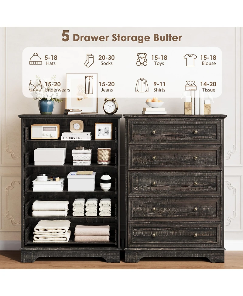 gaomon 5 Drawer Dresser for Bedroom - Vertical Chest of Drawers, Farmhouse Tall Cabinet Organizer Living Room, Hallway