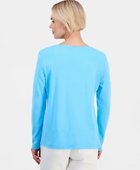 Style & Co Petite Scoop-Neck Long-Sleeve Cotton Top, Created for Macy's