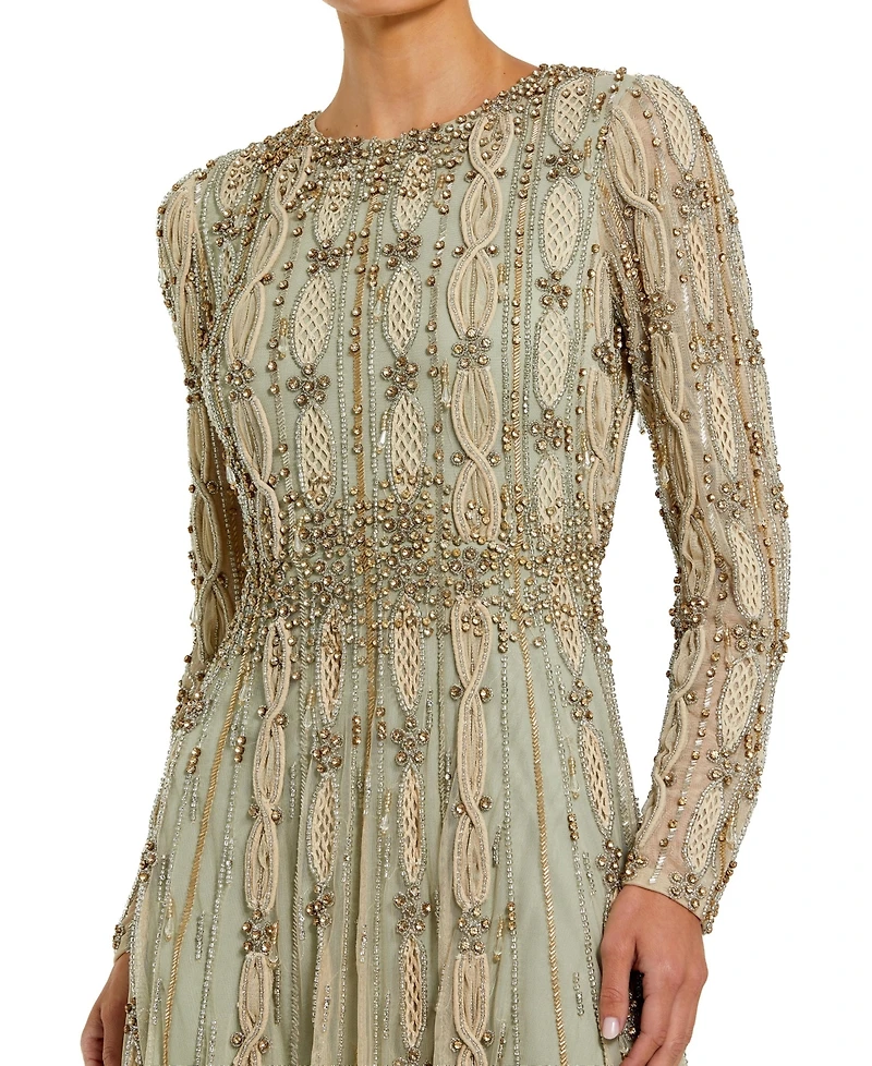 Mac Duggal Women's Embellished Mesh Long Sleeve Evening Gown