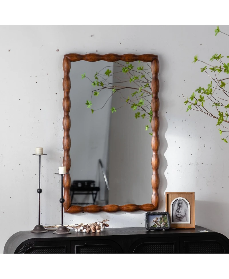 Phying Mid Century Modern Mirror Swirl Wood Frame Brown Decorative Wall Mounted Mirror for Home Bedroom Living Room