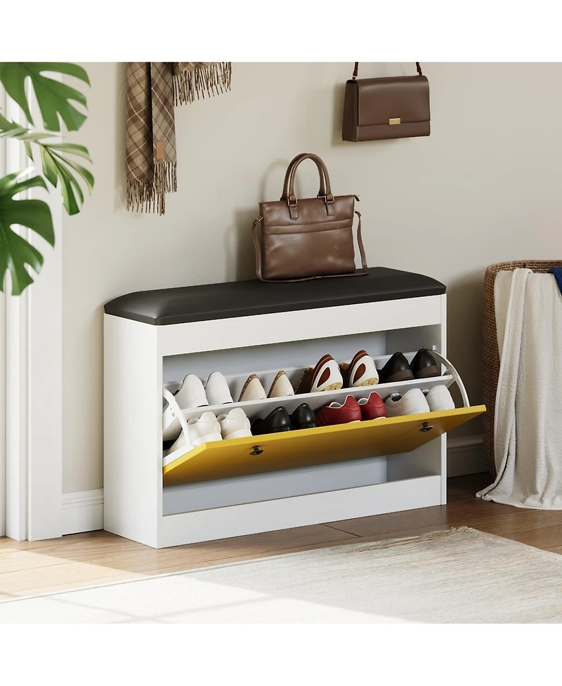 homfan Shoe Storage Bench, Shoe Organizer Bench with Flip Drawer and Pu Cushion, Modern Entryway Shoe Cabinet for Hallway, Bedroom, Living Room
