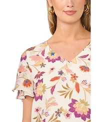 Vince Camuto Women's Printed V-Neck Ruffle Seam Top
