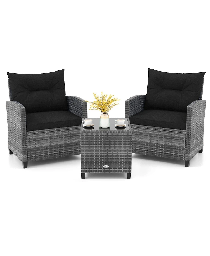Gymax 3 Pcs Patio Furniture Set Outdoor Pe Rattan Chair and Table Set w/ Tempered Glass