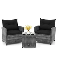 Gymax 3 Pcs Patio Furniture Set Outdoor Pe Rattan Chair and Table Set w/ Tempered Glass