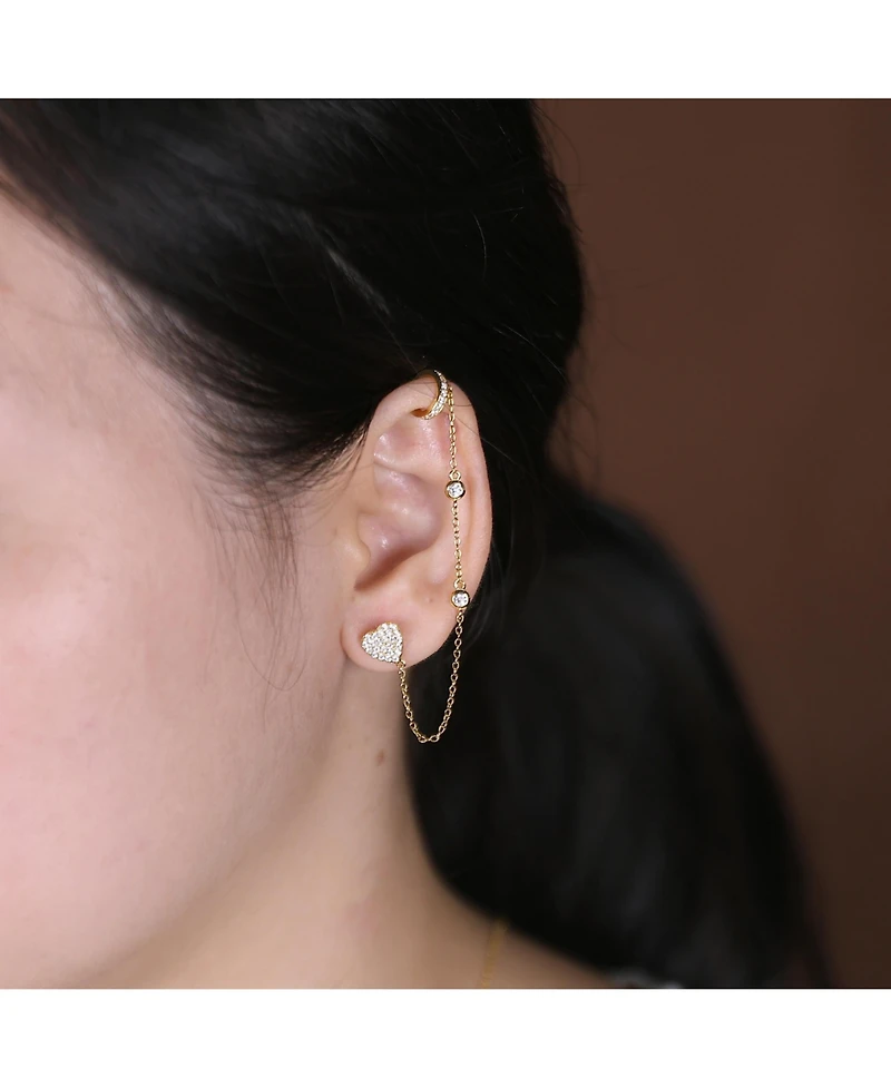 Bling Jewelry Heart Shaped Chain Cartilage Ear Cuff Wrap Earring Pave Cz Stud Helix Earring Stud Set Gold Plated Sterling Silver