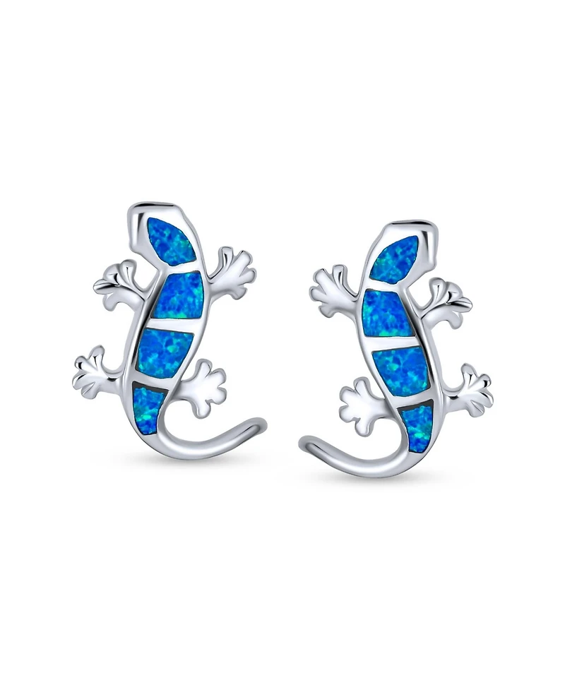 Bling Jewelry Iridescent Created Opal Inlay Garden Gecko Lounge Lizard Stud Earrings Sterling Silver