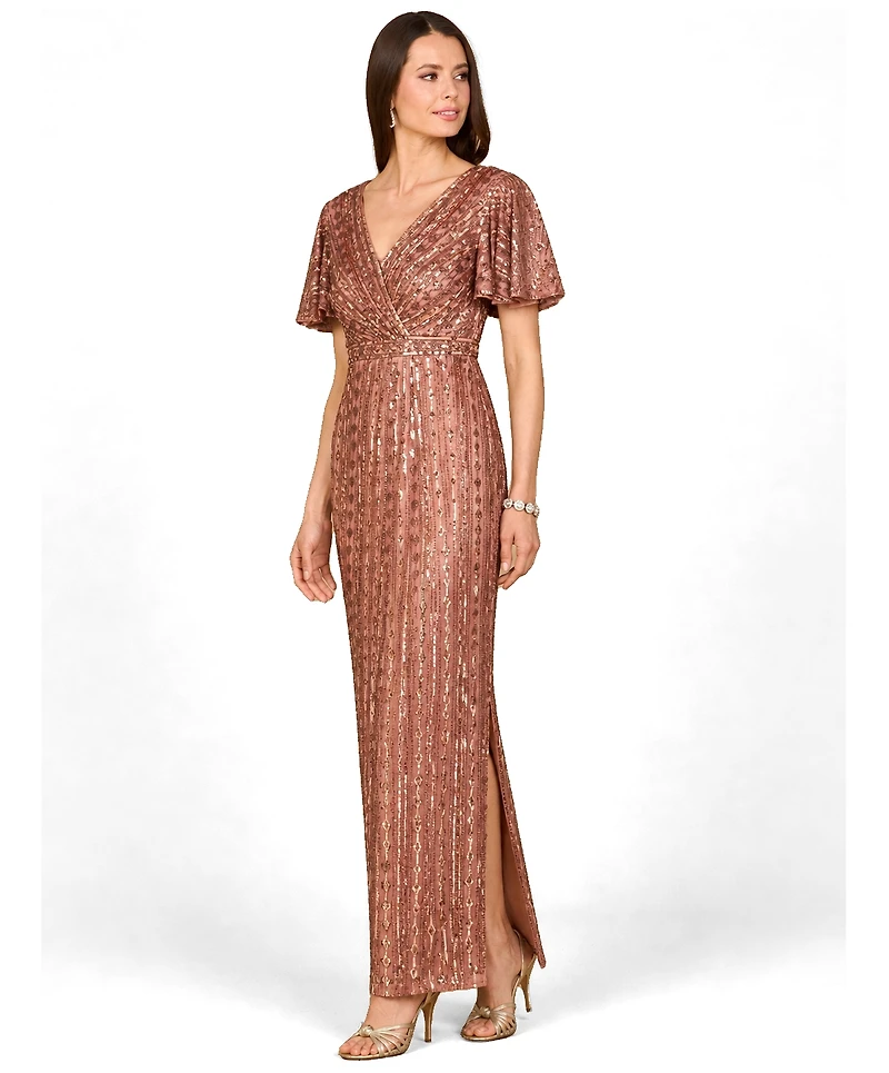 Lara Women's Fully Beaded Gown with Flutter Sleeves