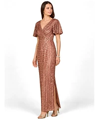 Lara Women's Fully Beaded Gown with Flutter Sleeves