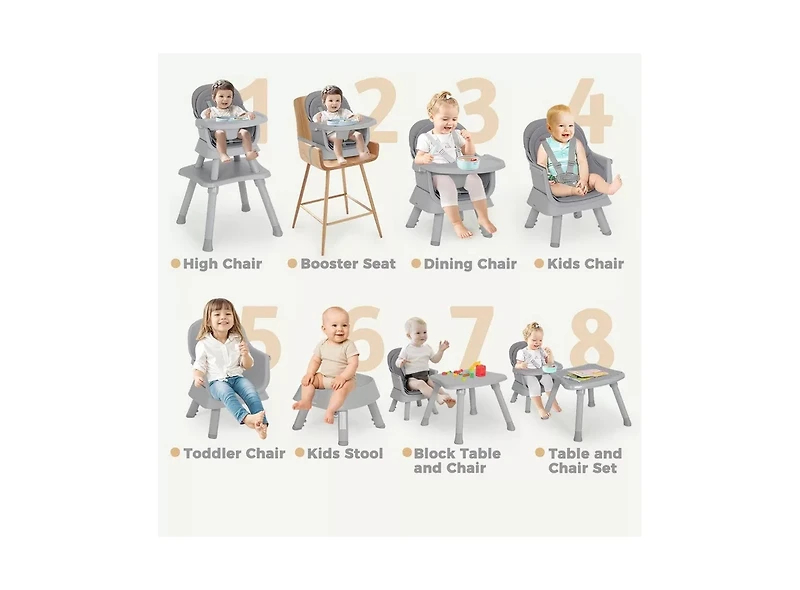 Kinder King 8-in-1 Baby High Chair Converts to Booster Seat and Kids Table Set with Removable Tray