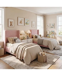 homfan 2 Set of Twin Size Toddler Upholstered Bed Frame with Guardrails, Vertical Channel Tufted Headboard and Footboard, No Box Spring Needed