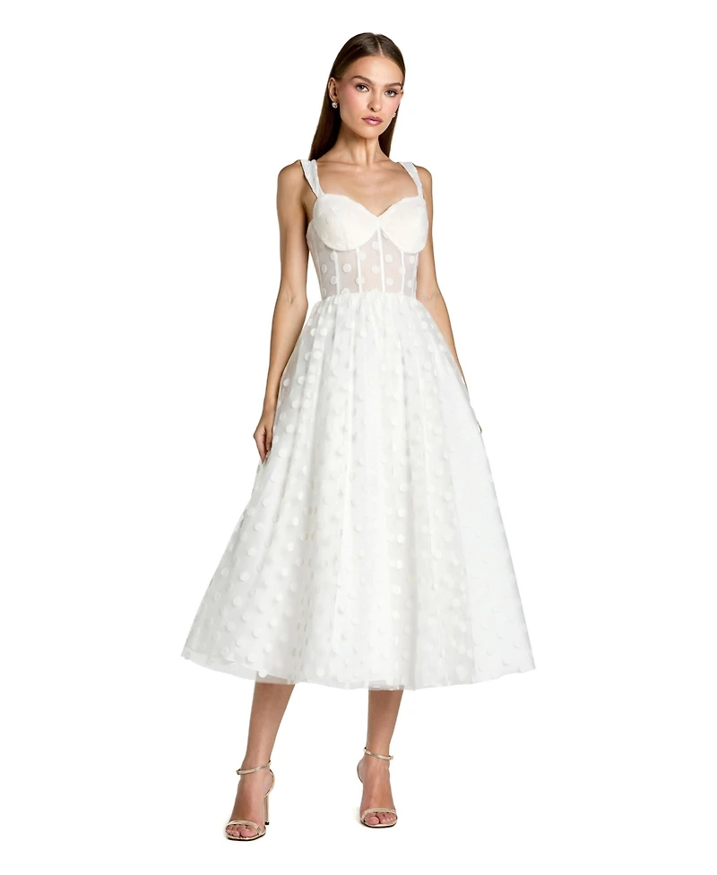 Mac Duggal Women's Polka Dot Net Bustier A-Line Midi Dress