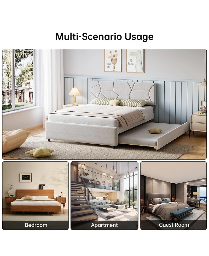 homfan Bed Frame with Trundle, Upholstered Platform Bed Frame, Pull Out Bed with Headboard, Wood Slat Support, for Bedroom