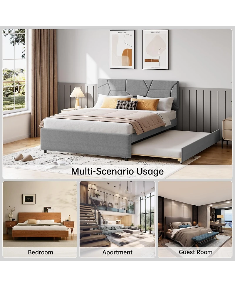 homfan Bed Frame with Trundle, Upholstered Platform Frame, Pull Out Headboard, Wood Slat Support, for Bedroom