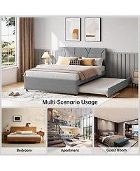 homfan Bed Frame with Trundle, Upholstered Platform Frame, Pull Out Headboard, Wood Slat Support, for Bedroom