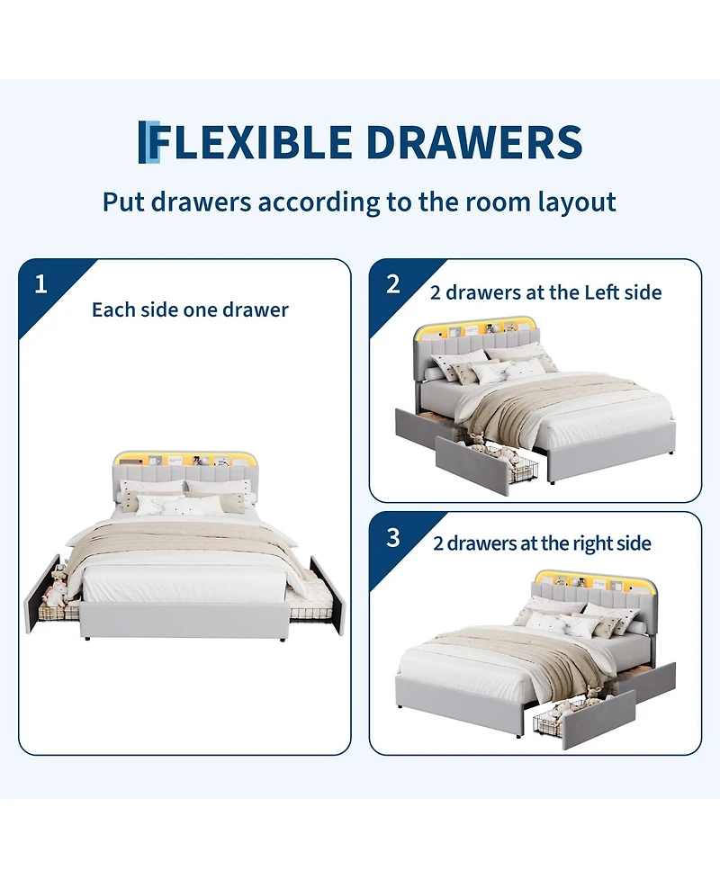 gaomon Bed Frame with Storage Headboard, Kids 2 Drawers, Velvet Upholstered Platform Lights, No Box Spring Needed