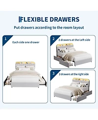 gaomon Bed Frame with Storage Headboard, Kids 2 Drawers, Velvet Upholstered Platform Lights, No Box Spring Needed