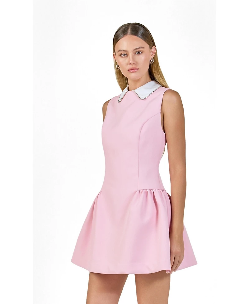 endless rose Women's Rhinestone Piping Collared Mini Pu Dress