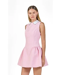 endless rose Women's Rhinestone Piping Collared Mini Pu Dress