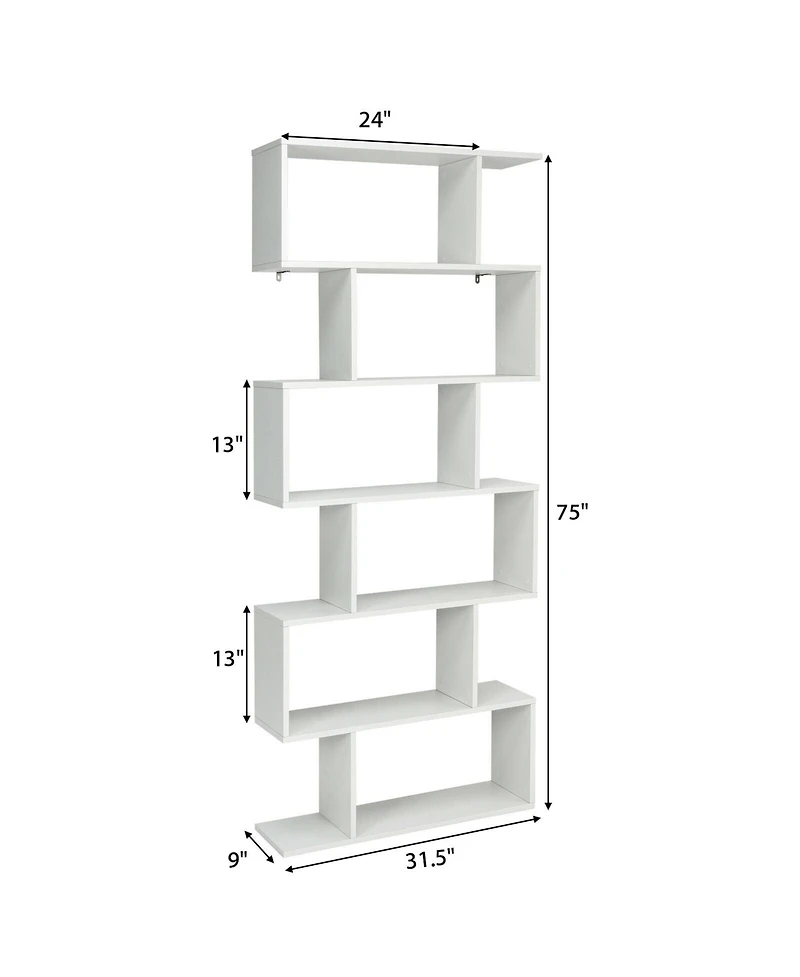 Gymax 6 Tier S-Shaped Bookshelf Storage Display Bookcase Decor Z-Shelf Coffee