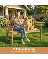 Gymax Teak Porch Bench 2-Person Solid Wood Garden Patio Bench w/ Backrest and Armrests
