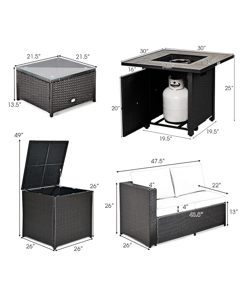 Gymax 5 Pieces Patio Furniture Set with 30 Inches Gas Fire Pit Table Cushions Storage Box