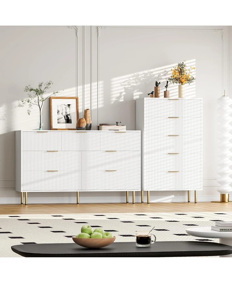 homfan Fluted Wood Dresser - 5 Drawer or 6 Drawer Tall Chest with Metal Handles