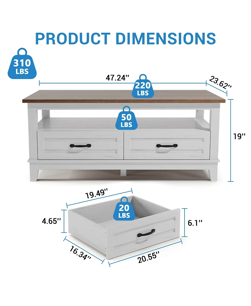 homfan Farmhouse Coffee Table With Drawers, 47.2" Center Table Rustic Coffee Tables Living Room Table, With Open Shelf and 6 Support Legs