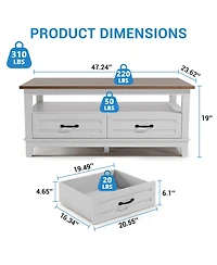 homfan Farmhouse Coffee Table With Drawers, 47.2" Center Table Rustic Coffee Tables Living Room Table, With Open Shelf and 6 Support Legs