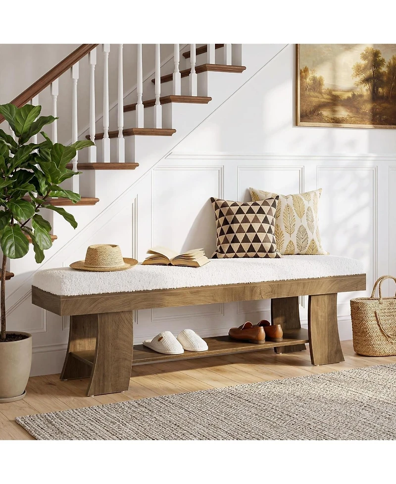 Tribesigns Upholstered Entryway Bench with Storage Shelf, Indoor Cushioned Shoe Bench Seat, Farmhouse Skinny End of Bed Benches