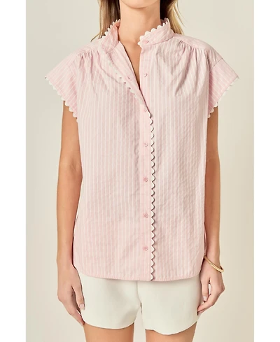 English Factory Women's Striped Ric Rac Detailed Short Sleeve Shirt