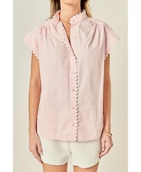 English Factory Women's Striped Ric Rac Detailed Short Sleeve Shirt