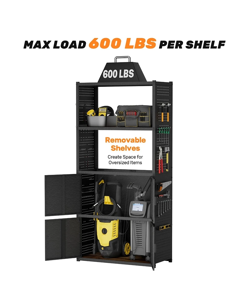 Heavy-Duty Garage Storage and Workstation System w/ Cabinets and Side Pegboards