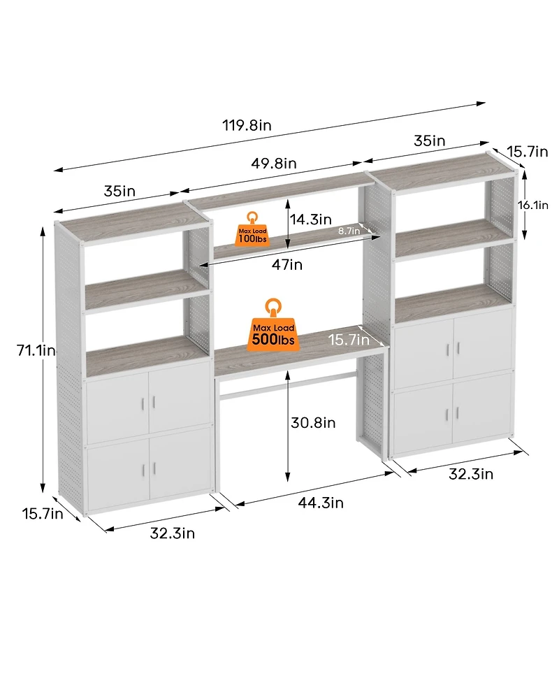 Heavy-Duty Garage Storage and Workstation System w/ Cabinets and Side Pegboards, White (120 in. W x 71 in. H x 16 in. D