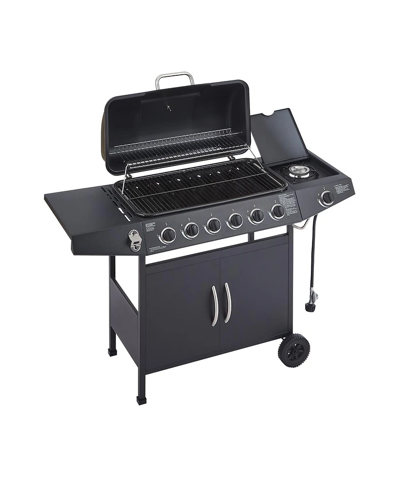Asagikoiai Outdoor 6 Burner Stainless Steel Barbecue Grill with Warming Rack, Side Burner and Wheels