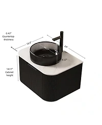 Sillysis Wall Mounted Bathroom Vanity with Glass Vessel Sink, 3D Stripe Plywood Cabinet, Soft Close Drawer