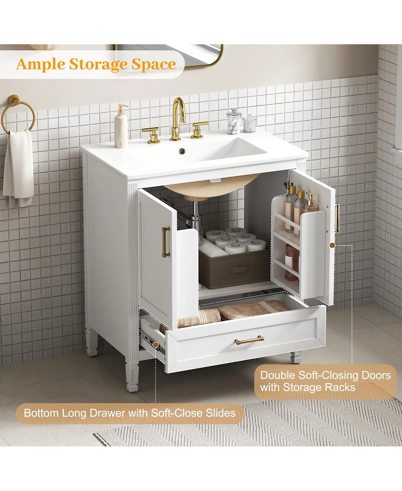 Sillysis Bathroom Vanity with Ceramic Sink, Soft Close Drawer, Solid Wood Legs, Freestanding Modern Cabinet
