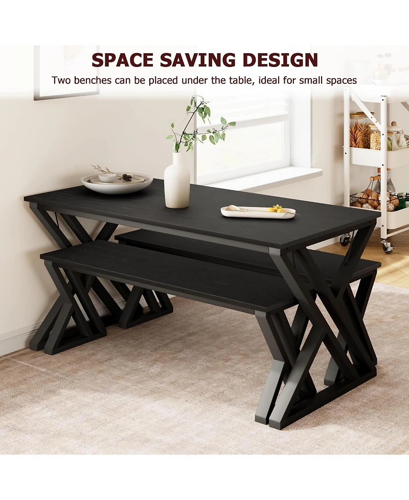 gaomon 55" Dining Table Set for 4 with 2 Benches, Metal Frame