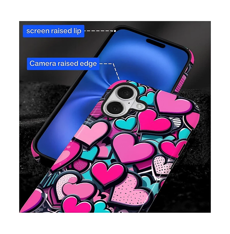 Gonez Case for iPhone 17, 2-in-1 Dual-Layer Shockproof Protection, Cute Heart Print Glossy