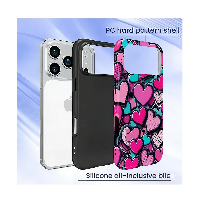 Gonez Case for iPhone 17 Pro Max, 2-in-1 Dual-Layer Shockproof Protection, Cute Heart Print Glossy