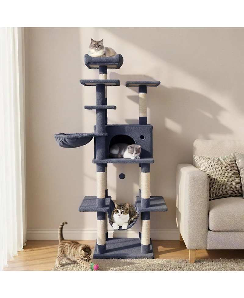 Gymax 63'' Large Cat Tree for Indoor Cats With Plush Top Perch Condo Hammock Basket Bed