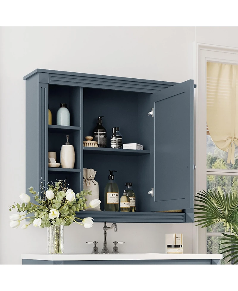 Phying Modern Wall Mounted Bathroom Storage Cabinet Mirror Medicine Cabinet with Mirror Door and 6 Open Shelves Space Saving Bathroom Wall Organizer