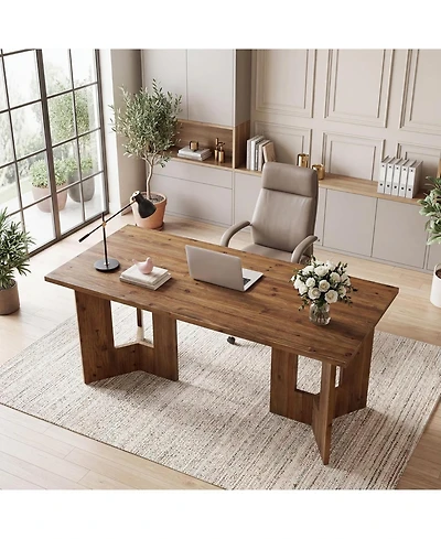 Tribesigns Solid Wood Office Desk, 63 inch Long Large Wood Desks, Farmhouse Executive Computer Desk, Home Office Workstaticon